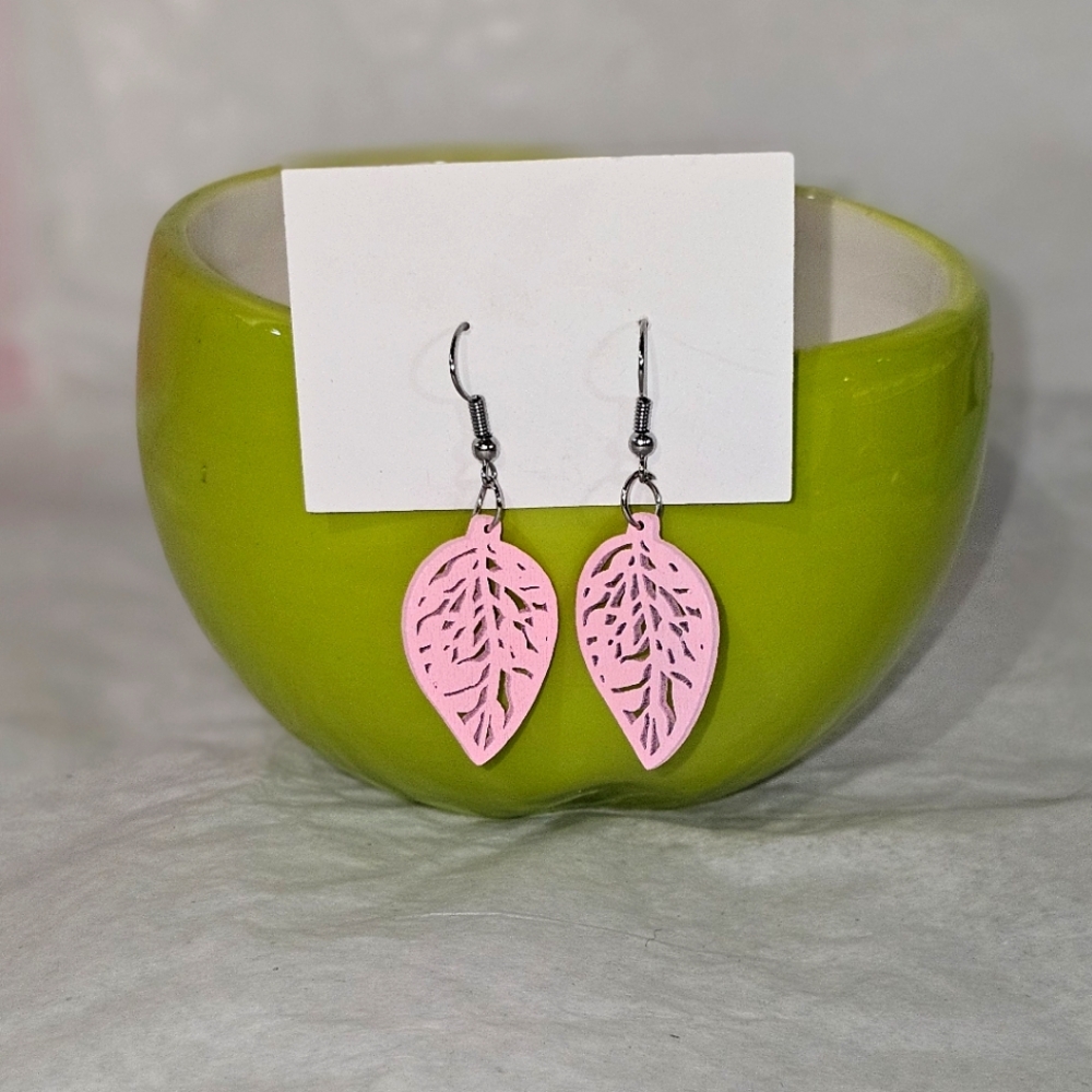 Pink Carved Leaf Wooden Earrings  - NWOT